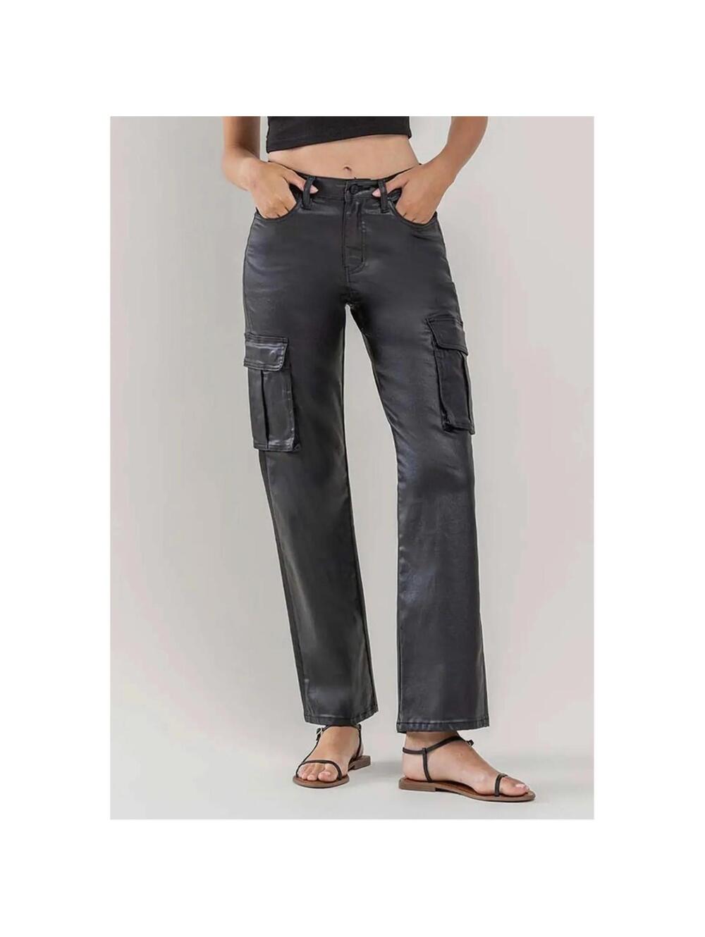 VERVET High Rise Coated Cargo Straight Black Jeans Size 27